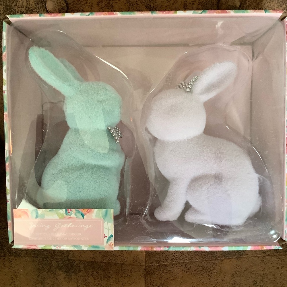 Pink Flocked Easter Bunny Set of 2 with Faux Pearl Ears and Ribbon NEW
